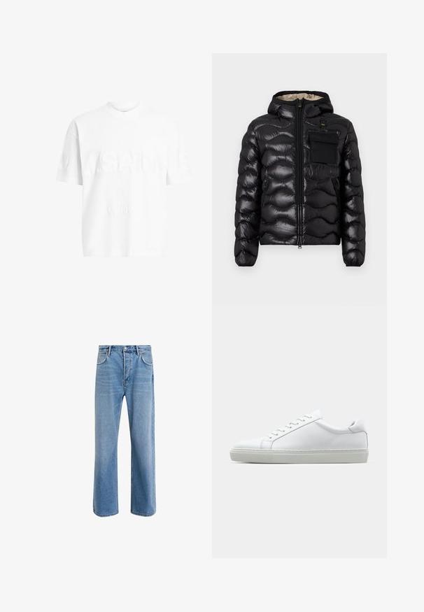 Sort puffjakke med hætte, quilted design, lynlås foran og en brystlomme. Har skinnende, struktureret stof med elastiske manchetter.; Hvid bomulds t-shirt med korte ærmer og rund hals. Har tekstureret branding "A.SAINTS" og "LONDON" på forsiden i en subtil prægning.; Lyseblå denim jeans med lige ben-design, fem lommer, knaplukning, minimal falming og kontraststingdetaljer.; Hvide sneakers med en glat læderoverdel og lav profil. Har en rund tå, seks snørehuller og en tekstureret gummisål.