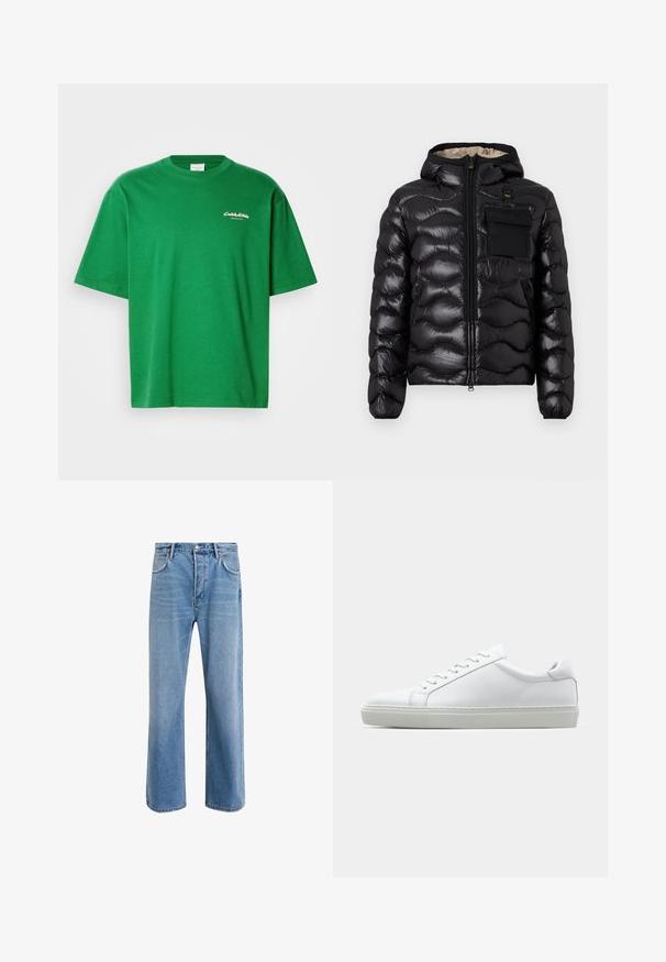 Černá prošívaná bunda s kapucí, zipem vpředu a náprsní kapsou. Obsahuje lesklou, strukturovanou látku s elastickými manžetami.; Zelené bavlněné tričko s volným střihem, krátkými rukávy a kulatým výstřihem. Obsahuje malé bílé logo na přední straně.; Světle modré džínové kalhoty s rovnými nohavicemi, pěti kapsami, zapínáním na knoflík, minimálním vyblednutím a kontrastním prošitím.; Bílé tenisky s hladkým koženým svrškem a nízkým profilem. Mají zaoblenou špičku, šest nýtů a texturovanou gumovou podrážku.