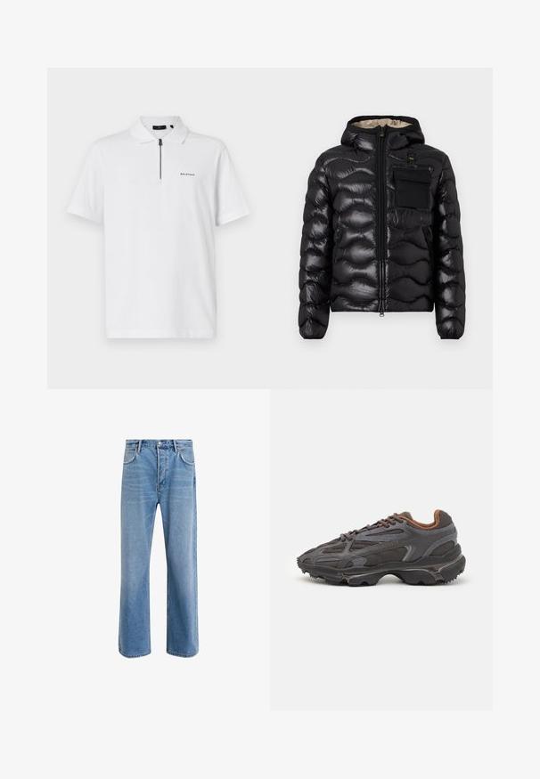 Melna pūka jaka ar kapuci, izšūti dizainu, ar rāvējslēdzēju priekšā un krūšu kabatu. Iezīmējas ar spīdīgu, teksturētu audumu un elastīgām piedurknēm.; Balta polo krekls ar īsām piedurknēm, rāvējslēdzēja apkakle un neliels melns "BELSTAFF" logo kreisajā krūtī. Gluda kokvilnas tekstūra.; Gai zilas džinsu bikses ar taisnām kājām, piecām kabatām, pogu aizvēršanu, minimālu izbalēšanu un kontrastējošiem šuvju elementiem.; Lacoste kedas tumši pelēkā krāsā ar acu audumu un sintētisko materiālu, ar teksturētu zoli un brūniem akcentiem apkaklītē un zīmola uzrakstā.