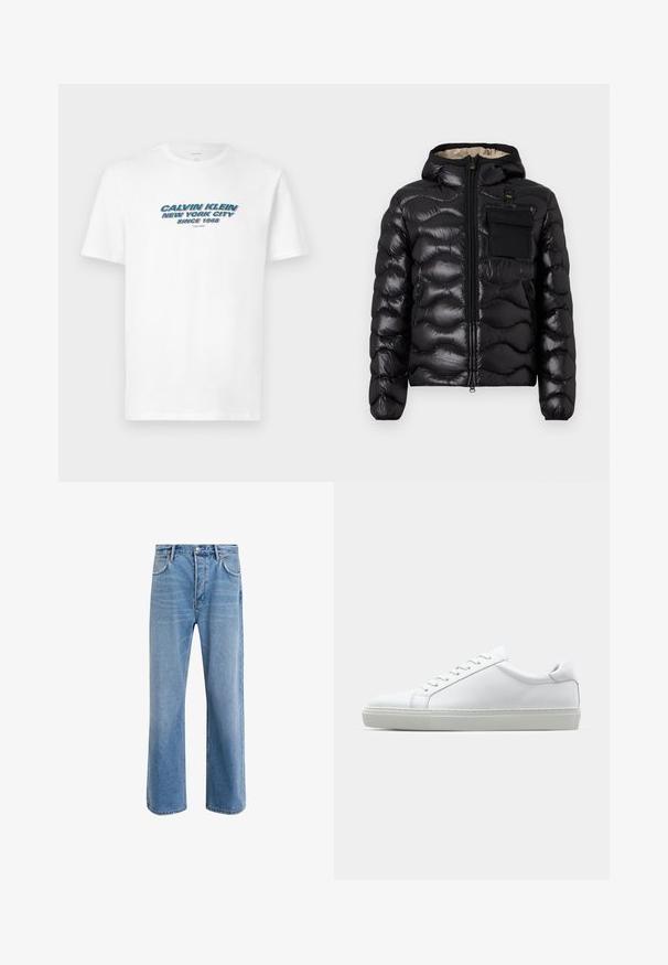Chaqueta acolchada negra con capucha, diseño acolchado, cierre frontal con cremallera y un bolsillo en el pecho. Presenta una tela brillante y texturizada con puños elásticos.; Camiseta blanca de algodón con un estampado gráfico que dice "CALVIN KLEIN NEW YORK CITY SINCE 1968" en texto estilizado azul y rojo.; Jeans de mezclilla azul claro con un diseño de pierna recta, cinco bolsillos, cierre de botón, ligeramente desgastados y detalles de costura en contraste.; Zapatilla blanca con parte superior de cuero liso y perfil bajo. Presenta una puntera redondeada, seis ojales y una suela de goma texturizada.