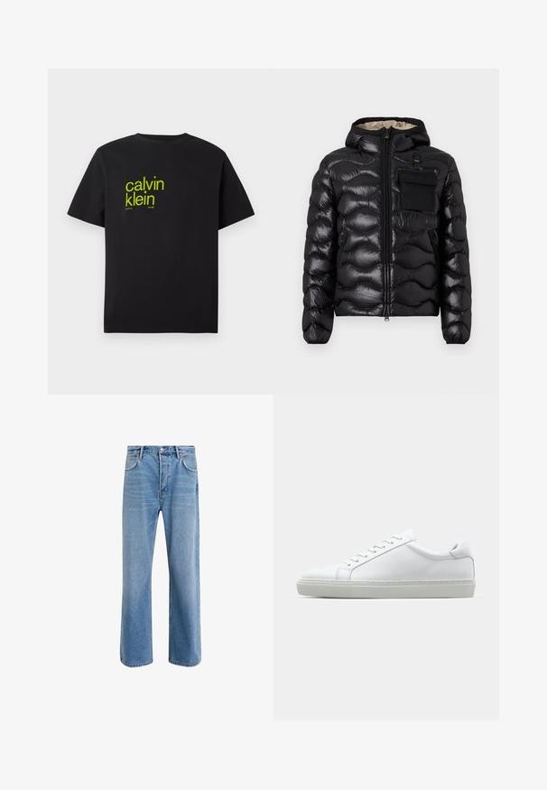 Svart puffjakke med hette, quiltet design, glidelås foran og brystlomme. Har blankt, strukturert stoff med elastiske mansjetter.; Svart bomull t-skjorte med gul tekst som leser "calvin klein" og "new york city siden 1968" i en moderne, fet skrifttype. Korte ermer.; Lys blå denimjeans med rett ben-design, fem lommer, knappeåpning, minimal falming og kontrasterende sømdetaljer.; Hvit sneakers med en glatt skinnoverdel og lav profil. Har en rund tå, seks snøring hull, og en teksturert gummisåle.