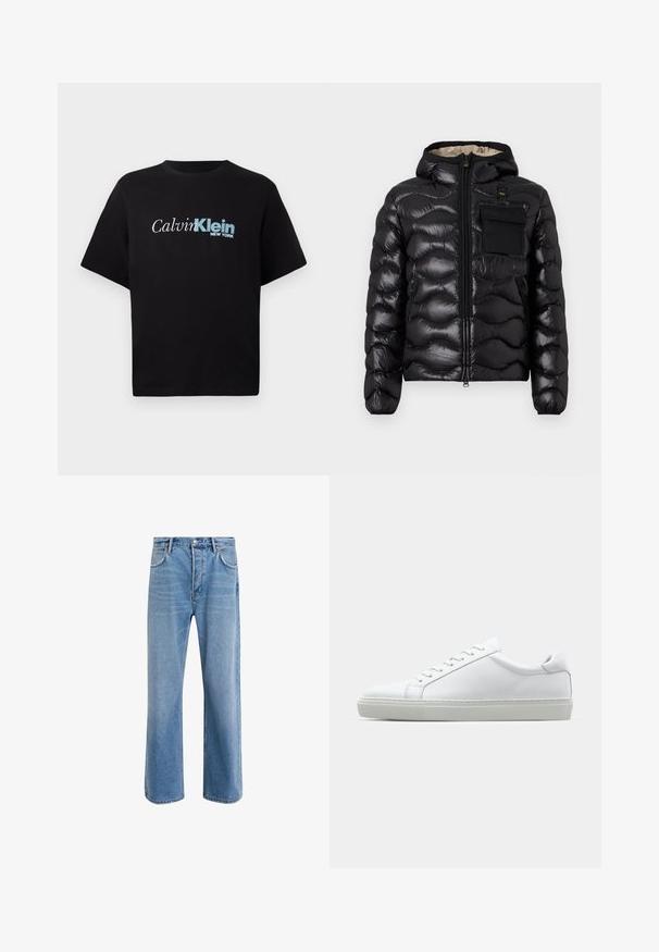 Sort puffjakke med hætte, quilted design, lynlås foran og en brystlomme. Har skinnende, struktureret stof med elastiske manchetter.; Sort kortærmet T-shirt med "Calvin Klein New York" logo i hvid og blå centreret på brystet mod en ensfarvet baggrund.; Lyseblå denim jeans med lige ben-design, fem lommer, knaplukning, minimal falming og kontraststingdetaljer.; Hvide sneakers med en glat læderoverdel og lav profil. Har en rund tå, seks snørehuller og en tekstureret gummisål.