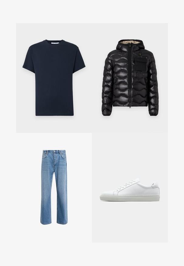 Čierna nadýchaná bunda s kapucňou, prešitou konštrukciou, predným zipsom a vreckom na hrudi. Vlastnosti zahŕňajú lesklú, textúrovanú látku s elastickými manžetami.; Tmavomodré tričko s krátkym rukávom vyrobené z bavlny, s okrúhlym výstrihom a voľným strihom. Jednoduché, jednofarebné bez vzorov.; Svetlo modré denimové džínsy so strihom rovného nohu, päť vreciek, zapínanie na gombík, minimálne vyblednutie a kontrastné švy.; Biele tenisky s hladkým koženým zvrškom a nízkym profilom. Majú zaoblenú špičku, šesť očiek a štruktúrovanú gumovú podrážku.