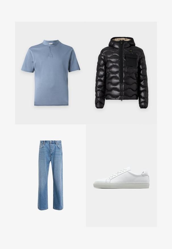 Černá prošívaná bunda s kapucí, zipem vpředu a náprsní kapsou. Obsahuje lesklou, strukturovanou látku s elastickými manžetami.; Košile s krátkým rukávem z světle modré tkaniny s polo knoflíkovou légou a falšovaným límcem, která se vyznačuje hladkou texturou a čistými liniemi.; Světle modré džínové kalhoty s rovnými nohavicemi, pěti kapsami, zapínáním na knoflík, minimálním vyblednutím a kontrastním prošitím.; Bílé tenisky s hladkým koženým svrškem a nízkým profilem. Mají zaoblenou špičku, šest nýtů a texturovanou gumovou podrážku.