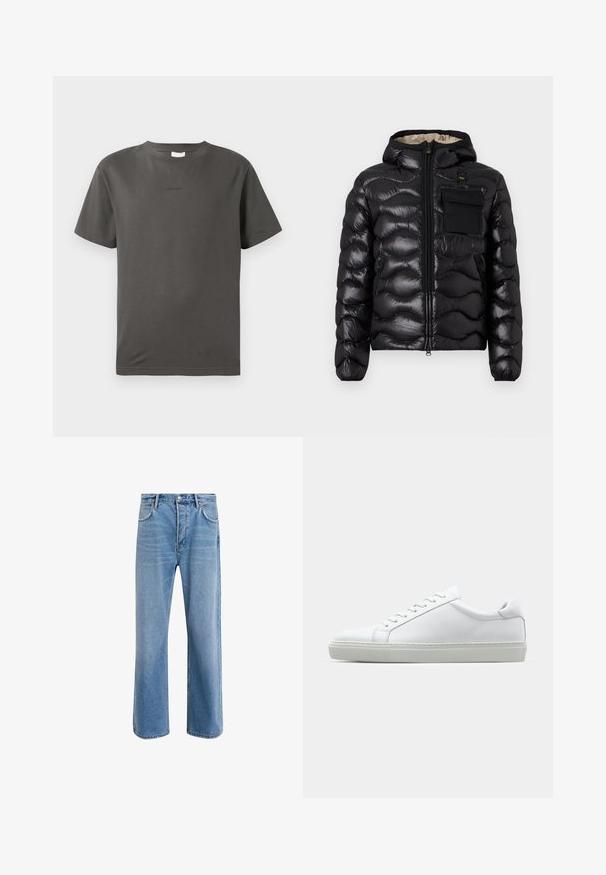 Giacca a vento nera con cappuccio, design trapuntato, chiusura con zip sul davanti e tasca sul petto. Presenta un tessuto lucido e testurizzato con polsini elasticizzati.; T-shirt in cotone grigio con collo rotondo e maniche corte. Presenta un piccolo logo discreto sul davanti. Texture liscia e vestibilità classica.; Jeans in denim blu chiaro con design a gamba dritta, cinque tasche, chiusura con bottone, leggero sbiadimento e dettagli di cucitura a contrasto.; Sneaker bianco con tomaia in pelle liscia e profilo basso. Presenta una punta arrotondata, sei occhielli e una suola in gomma testurizzata.