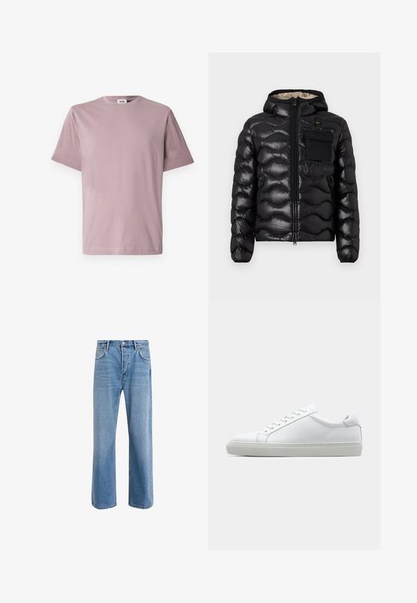Černá prošívaná bunda s kapucí, zipem vpředu a náprsní kapsou. Obsahuje lesklou, strukturovanou látku s elastickými manžetami.; Tričko s krátkým rukávem v světle růžové barvě z bavlny. Má klasický kulatý výstřih a volný střih. Hladká textura bez vzorů nebo akcentů.; Světle modré džínové kalhoty s rovnými nohavicemi, pěti kapsami, zapínáním na knoflík, minimálním vyblednutím a kontrastním prošitím.; Bílé tenisky s hladkým koženým svrškem a nízkým profilem. Mají zaoblenou špičku, šest nýtů a texturovanou gumovou podrážku.