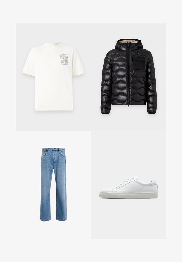 Doudoune noire avec capuche, design matelassé, fermeture éclair à l'avant et poche poitrine. Fabriquée en tissu brillant et texturé avec des poignets élastiques.; T-shirt en coton blanc à manches courtes, ornée d'un motif floral bleu et gris et du texte "GUESS DESIGN" dans un style illustré.; Jeans en denim bleu clair avec une coupe droite, cinq poches, fermeture à bouton, peu d'usure et des détails de couture contrastés.; Sneaker blanche avec une tige en cuir lisse et un profil bas. Présente un bout arrondi, six œillets et une semelle en caoutchouc texturé.