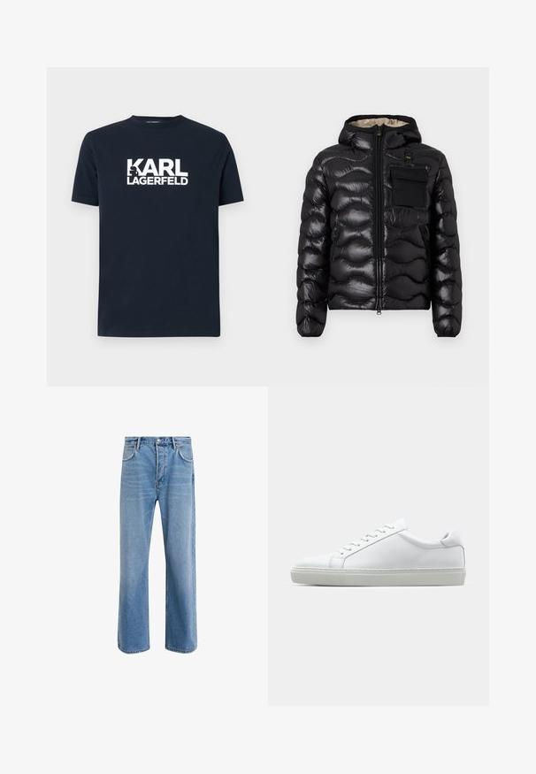 Melna pūka jaka ar kapuci, izšūti dizainu, ar rāvējslēdzēju priekšā un krūšu kabatu. Iezīmējas ar spīdīgu, teksturētu audumu un elastīgām piedurknēm.; Jūras zinājas kokvilnas T-krekls ar īsām piedurknēm un noapaļotu kakla izgriezumu, kam priekšā ir izteiksmīgs balts "KARL LAGERFELD" logotips.; Gai zilas džinsu bikses ar taisnām kājām, piecām kabatām, pogu aizvēršanu, minimālu izbalēšanu un kontrastējošiem šuvju elementiem.; Baltie sporta apavi ar gludu ādas virsu un zemu profilu. Iezīmējas ar noapaļotu purngalu, sešām acīm un teksturētu gumijas zoli.