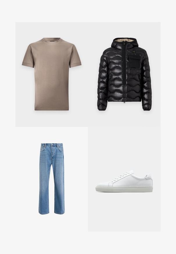 Černá prošívaná bunda s kapucí, zipem vpředu a náprsní kapsou. Obsahuje lesklou, strukturovanou látku s elastickými manžetami.; Hnědé tričko s krátkým rukávem vyrobené z hladké látky, s kulatým výstřihem a obroubenými rukávy, s čistým a jednoduchým designem.; Světle modré džínové kalhoty s rovnými nohavicemi, pěti kapsami, zapínáním na knoflík, minimálním vyblednutím a kontrastním prošitím.; Bílé tenisky s hladkým koženým svrškem a nízkým profilem. Mají zaoblenou špičku, šest nýtů a texturovanou gumovou podrážku.