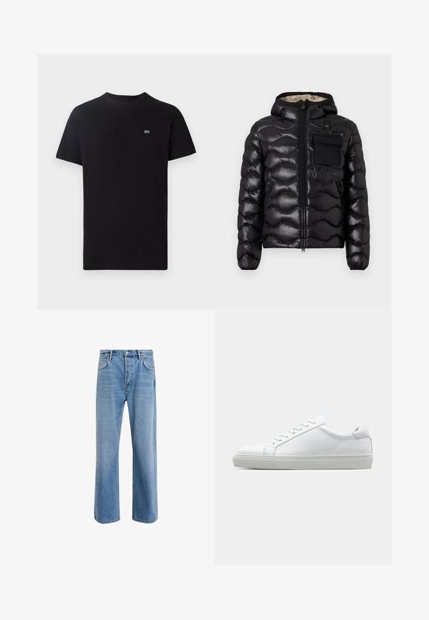 Must jahe kergsügisjope, millel on kapuuts, tikandiga disain, lukuga ees ja rinna tasku. Aksel kanga läikiv ja tekstureeritud, elastsete mansettidega.; Mustmust särg mustast puuvillast, klassikalise ümmarguse kaelusega, lühikeste varrukatega ja väikese valge logoga, mis on broderitud vasakule rinda.; Heledad sinine teksapüksid otse lõikega, viie taskuga, nupuga sulgemine, minimaalne kulumine ja kontrastsed õmbluse detailid.; Valge tennisetoss, millel on sile nahk pealis ja madal profiil. Omab ümarat ninaosa, kuut silmust ja tekstuuriga kummist talda.