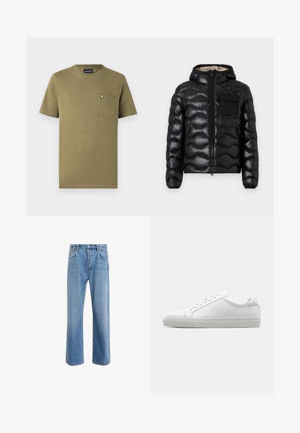 Fekete puffdzseki kapucnival, steppelt mintával, cipzáras elülső résszel és mellzsebbel. Fényes, struktúrált anyagból készült, rugalmas mandzsettákkal.; Olíva zöld pamut póló rövid ujjakkal, kerek nyakkal és egy mellkasi zsebbel, amelyen egy kis sárga logó látható. Sima textúra.; Világoskék farmernadrág, egyenes szárú fazonnal, öt zsebbel, gombos záródással, minimális kopással és kontrasztos varrással.; Fehér sportcipő sima bőr felső résszel és alacsony profilsal. Kerek orr, hat fűzőlyuk és barázdált gumitalp jellemzi.
