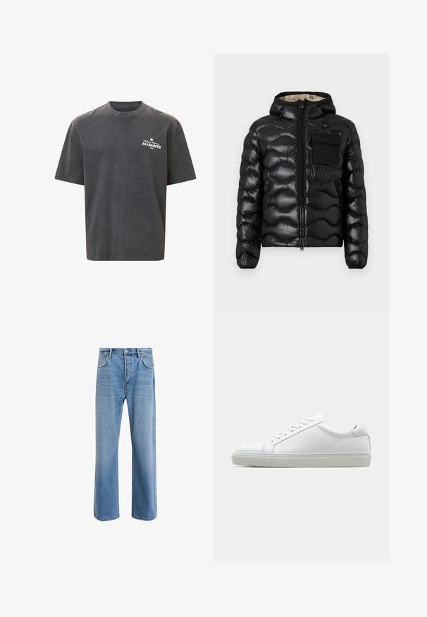 Juodas pūkinis švarkas su kapišonu, su siuvinėtu dizainu, priekiniais užtrauktukais ir krūtine kišenė. Pagamintas iš blizgios, tekstūruotos medžiagos su elastiniais rankogaliais.; Tamsiai pilkas didelio dydžio marškinėlis, pagamintas iš medvilnės, trumpomis rankovėmis, apvaliu kaklu, su baltu "ALLSAINTS" logotipu kairėje krūtinės pusėje, subtiliu tekstūruotu paviršiumi.; Šviesiai mėlyni džinsai su tiesiu kirpimu, penkios kišenės, mygtuko užsegimas, minimalus blukimas ir kontrastingi siuvimo detalės.; Baltas sportinis batelis su lygiu odiniu paviršiumi ir žemu profiliu. Turi suapvalintą pirštą, šešis akių skyrius ir tekstūruotą gumos padą.