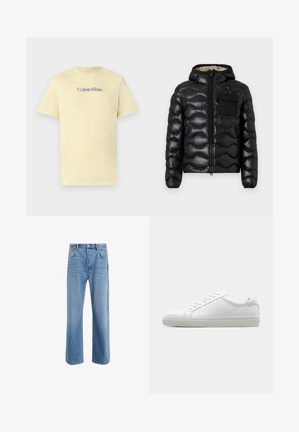 Melna pūka jaka ar kapuci, izšūti dizainu, ar rāvējslēdzēju priekšā un krūšu kabatu. Iezīmējas ar spīdīgu, teksturētu audumu un elastīgām piedurknēm.; Gai dzeltenas kokvilnas t-krekls ar apaļu kaklu, īsām piedurknēm un izsmalcinātu, daudzkrāsainu "Calvin Klein" logotipu uz krūšu.; Gai zilas džinsu bikses ar taisnām kājām, piecām kabatām, pogu aizvēršanu, minimālu izbalēšanu un kontrastējošiem šuvju elementiem.; Baltie sporta apavi ar gludu ādas virsu un zemu profilu. Iezīmējas ar noapaļotu purngalu, sešām acīm un teksturētu gumijas zoli.