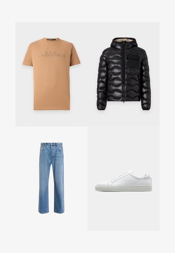 Juodas pūkinis švarkas su kapišonu, su siuvinėtu dizainu, priekiniais užtrauktukais ir krūtine kišenė. Pagamintas iš blizgios, tekstūruotos medžiagos su elastiniais rankogaliais.; Ruda medvilninė marškinė su trumpomis rankovėmis, ant kurių priekio išsiuvinėtas tekstas "KARL LAGERFELD" šiek tiek šviesesniu atspalviu.; Šviesiai mėlyni džinsai su tiesiu kirpimu, penkios kišenės, mygtuko užsegimas, minimalus blukimas ir kontrastingi siuvimo detalės.; Baltas sportinis batelis su lygiu odiniu paviršiumi ir žemu profiliu. Turi suapvalintą pirštą, šešis akių skyrius ir tekstūruotą gumos padą.
