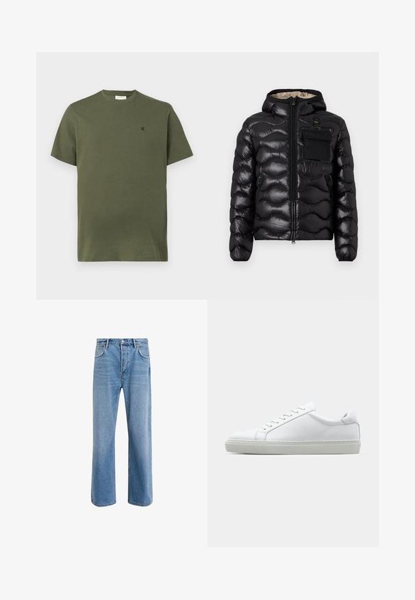 Černá prošívaná bunda s kapucí, zipem vpředu a náprsní kapsou. Obsahuje lesklou, strukturovanou látku s elastickými manžetami.; Jednoduché olivově zelené tričko s krátkým rukávem a kulatým výstřihem, s malým černým logem "cK" na levé části hrudníku.; Světle modré džínové kalhoty s rovnými nohavicemi, pěti kapsami, zapínáním na knoflík, minimálním vyblednutím a kontrastním prošitím.; Bílé tenisky s hladkým koženým svrškem a nízkým profilem. Mají zaoblenou špičku, šest nýtů a texturovanou gumovou podrážku.