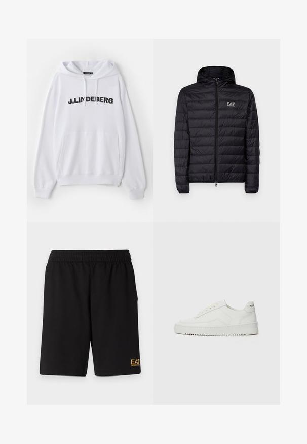 Črna podložena jakna s kapuco, ki ima vodoravno quilteno zasnovo, poln zadrgo in EA7 logo na levi strani prsnega koša. Gladka tekstura.; Bela kapuca z žepom spredaj, z vrvico in bold črnim napisom "J. LINDEBERG" čez prsni del. Mehak tekstilni občutek.; Črne športne kratke hlače iz mehkega blaga, z elastičnim pasom in majhnim rumenim logotipom EA7 na spodnjem levem delu noge.; Bela usnjena športna obutev z gladko površino, okroglo prst, ravne vezalke in teksturiran podplat. Ima diskretno logo na peti.