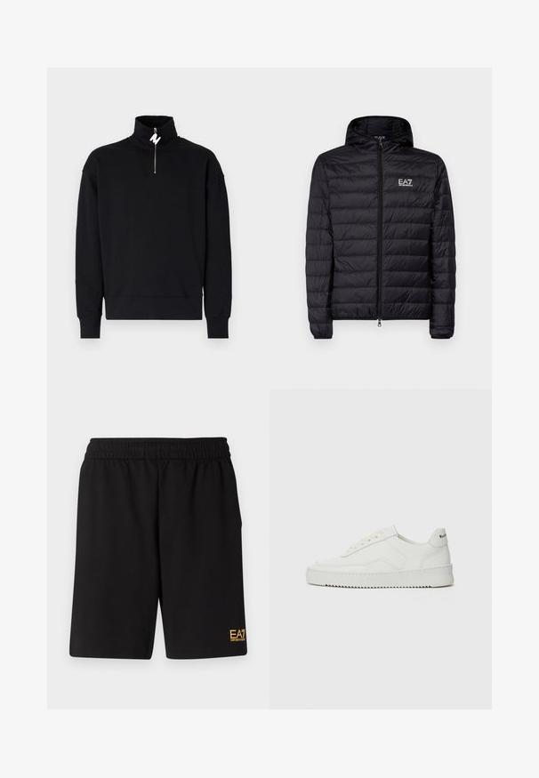 Giacca nera imbottita con cappuccio, caratterizzata da un design trapuntato orizzontale, zip completa e logo EA7 sulla parte sinistra del petto. Tessuto liscio.; Felpa nera con colletto alto e chiusura a mezza zip. Tessuto morbido, vestibilità comoda e polsini a coste. Nessun motivo o accentuazione aggiuntiva.; Pantaloni sportivi neri realizzati in tessuto morbido, con vita elastica e un piccolo logo EA7 giallo sulla parte bassa della gamba sinistra.; Sneaker in pelle bianca con una finitura liscia, punta rotonda, lacci piatti e suola testurizzata. Presenta un logo discreto sul tallone.
