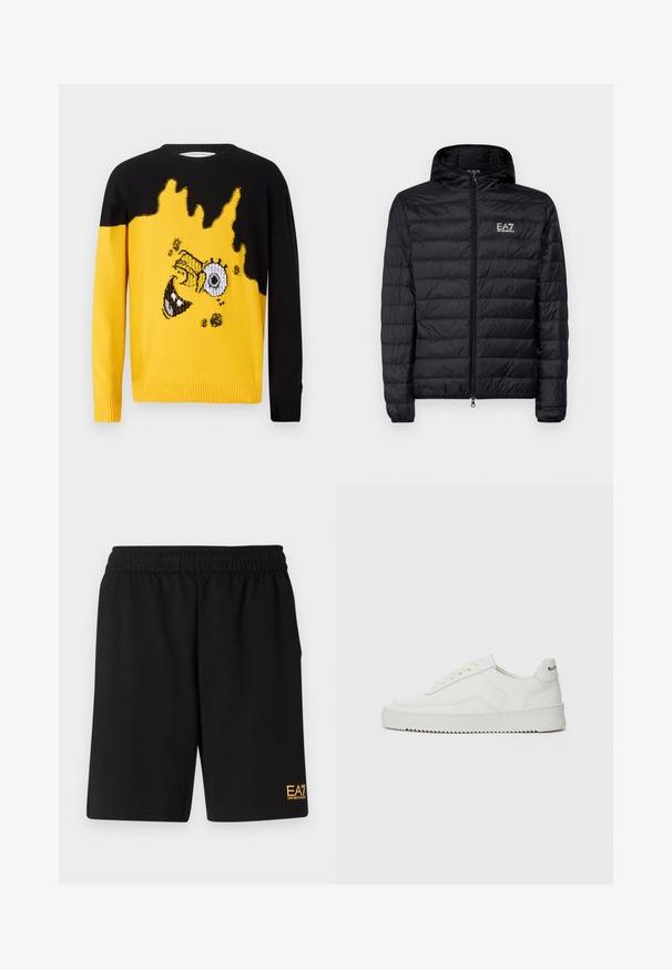 Črna podložena jakna s kapuco, ki ima vodoravno quilteno zasnovo, poln zadrgo in EA7 logo na levi strani prsnega koša. Gladka tekstura.; Pleteni pulover z črnim zgornjim delom in rumenim spodnjim delom z grafičnim dizajnom obraza lika in plamenov.; Bela bombažna majica s krožnim izrezom in kratkimi rokavi, s pozlačenim logotipom EA7 Emporio Armani natisnjenim spredaj.; Črne športne kratke hlače iz mehkega blaga, z elastičnim pasom in majhnim rumenim logotipom EA7 na spodnjem levem delu noge.; Bela usnjena športna obutev z gladko površino, okroglo prst, ravne vezalke in teksturiran podplat. Ima diskretno logo na peti.
