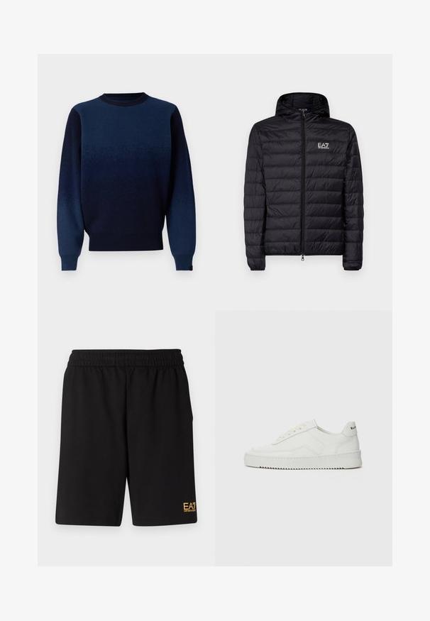 Doudoune noire rembourrée avec capuche, présentant un design matelassé horizontal, une fermeture éclair complète et le logo EA7 sur la zone de la poitrine gauche. Texture lisse.; Pull en tricot doux dégradé de marine, avec un col rond, des poignets et un ourlet côtelés. La couleur passe d'un marine foncé à un marine plus clair.; Shorts de sport noirs en tissu doux, avec une taille élastique et un petit logo jaune EA7 sur le bas de la jambe gauche.; Baskets en cuir blanc avec une finition lisse, bout arrondi, lacets plats et semelle texturée. Présente un logo discret sur le talon.