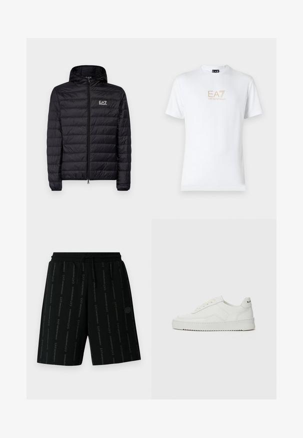 Czarna pikowana kurtka z kapturem, z poziomym wzorem pikowania, pełnym zamkiem błyskawicznym oraz logo EA7 na lewej stronie klatki piersiowej. Gładka tekstura.; Biała bawełniana koszulka z okrągłym dekoltem i krótkimi rękawami, z nadrukowanym z przodu złotym logo EA7 Emporio Armani.; Czarne sportowe szorty z elastycznym paskiem w talii i sznurkiem do regulacji. Na tkaninie powtarza się nadrukowane logo w kontrastującym odcieniu.; Białe skórzane sneakersy o gładkim wykończeniu, okrągłym nosku, płaskich sznurówkach i teksturowanej podeszwie. Charakteryzują się delikatnym logo na pięcie.