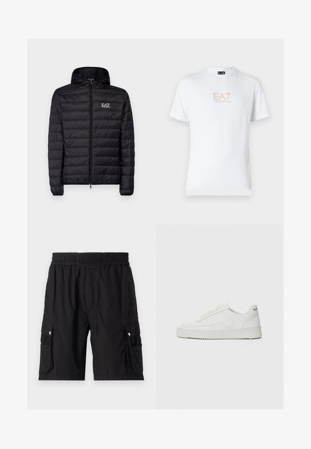 Fekete párnázott dzseki kapucnival, vízszintes steppelt kialakítással, teljes cipzárral és az EA7 logójával a bal mellkasi részen. SIMA TEXTÚRA.; Fehér pamut póló, kerek nyakkivágással és rövid ujjakkal, az elején arany EA7 Emporio Armani logóval nyomtatva.; Fekete cargo short, könnyű anyagból, elasztikus derékpánttal, oldalsó zsebekkel és ezüst snap gomb díszítéssel.; Fehér bőr sportcipő sima felülettel, kerek orral, lapos fűzőkkel és texturált talppal. Finom logó található a sarokon.