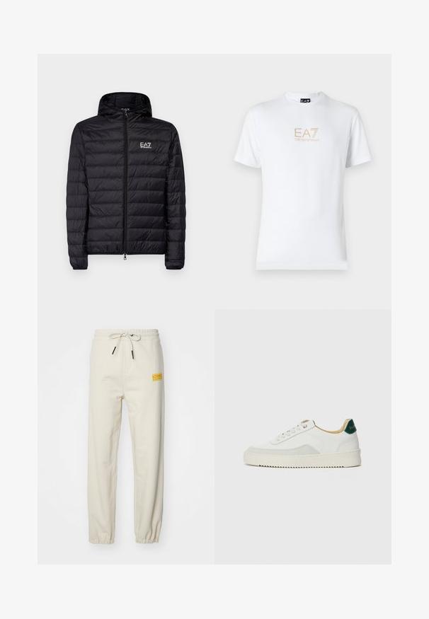 Black padded jacket with a hood, featuring horizontal quilted design, full zipper, and EA7 logo on the left chest area. Smooth texture.; White cotton t-shirt featuring a round neckline and short sleeves, with a gold EA7 Emporio Armani logo printed on the front.; Iceberg PANTALONE - Tracksuit bottoms - polvere; White sneaker with suede accents, rounded toe, flat laces, and a cream rubber sole. Features green branding on the heel.