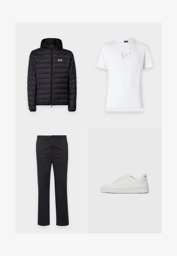 Zwarte gewatteerde jas met capuchon, met een horizontaal doorgestikte dessin, volledige rits en EA7-logo op de linkerkant van de borst. Glad textuur.; Witte katoenen t-shirt met een ronde halslijn en korte mouwen, voorzien van een gouden EA7 Emporio Armani-logo op de voorkant.; Zwarte katoenen broek met een recht pijpdesign, voorzien van een knoopsluiting en riemlussen. Soepele textuur, geen zichtbare patronen of accenten.; Witte leren sneaker met een gladde afwerking, ronde neus, platte veters en een gestructureerde zool. Kenmerkt zich door een subtiel logo op de hiel.