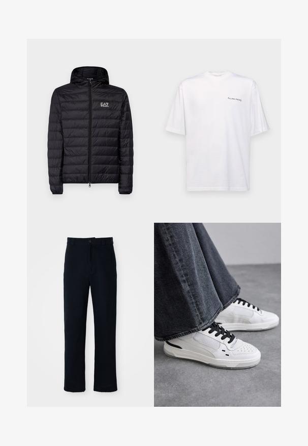 Black padded jacket with a hood, featuring horizontal quilted design, full zipper, and EA7 logo on the left chest area. Smooth texture.; White short-sleeve t-shirt in cotton with a v-neck, featuring a black "FILLING PIECES" logo printed on the left side.; Navy blue trousers made of cotton, featuring a straight-leg design, a front button closure, and classic waistband with belt loops.; White sneakers with black laces and mesh detailing. Features a smooth leather upper and a textured rubber sole. Paired with wide-leg grey jeans.