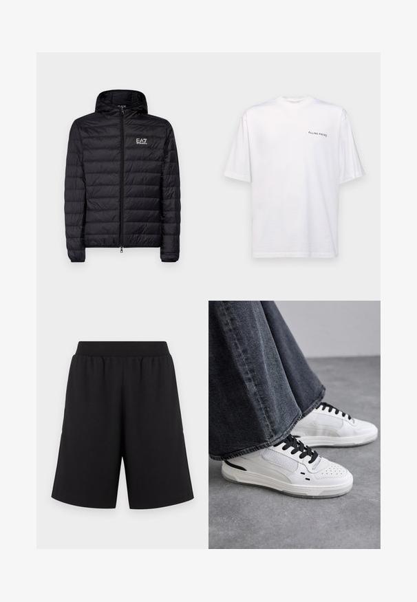 Svart vadderad jacka med huva, med horisontell quiltad design, hel dragkedja och EA7-logga på vänster bröstområde. Slät textur.; Vit kortärmad t-shirt i bomull med v-ringning, med en svart "FILLING PIECES" logga tryckt på vänster sida.; Svarta shorts med elastisk midjeband, tillverkade av mjukt tyg, med raka ben och utan framträdande mönster eller detaljer.; Vita sneakers med svarta snören och nätdetaljer. Har en slät läderöverdel och en texturerad gummisula. Parat med vida grå jeans.