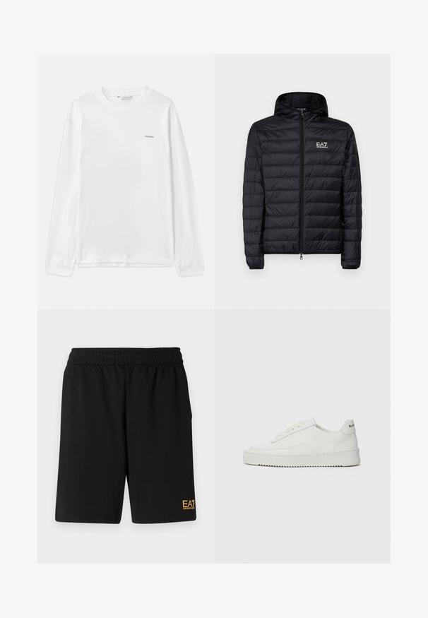 Casaco acolchoado preto com capuz, apresentando um design acolchoado horizontal, fecho completo e logótipo EA7 na área do peito esquerdo. Textura suave.; Camisa branca de manga longa feita de algodão. Apresenta um decote redondo, punhos canelados e um pequeno logótipo "Holzweiler" no lado esquerdo do peito. Textura suave.; Calções desportivos pretos feitos de um tecido suave, com um cós elástico e um pequeno logótipo amarelo EA7 na parte inferior da perna esquerda.; Sapatilha de couro branco com acabamento suave, bico redondo, atacadores planos e uma sola texturizada. Apresenta um logotipo discreto no calcanhar.