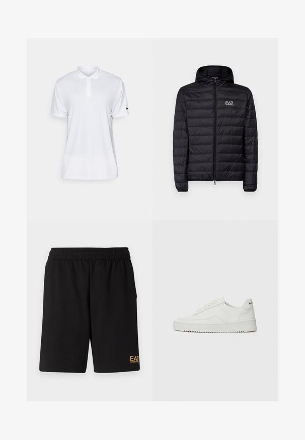 Svart polstret jakke med hette, med horisontal quiltet design, hel glidelås og EA7-logo på venstre brystområde. Jevn tekstur.; Hvit kortermet polo-skjorte laget av syntetisk materiale. Har kragehals og sort Nike-logo på venstre erme.; Sorte treningsshorts laget av mykt stoff, med elastisk midje og en liten gul EA7-logo nederst på venstre ben.; Hvite lærersneakers med en jevn overflate, rund tå, flate lisser og en teksturert såle. Har en subtil logo på hælen.