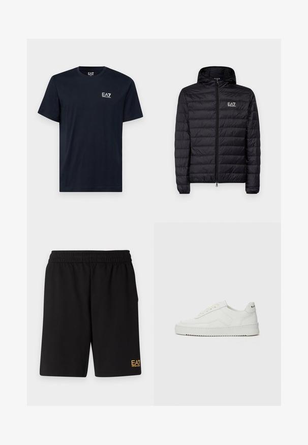 Juodas pūkinis švarkas su gobtuvu, su horizontaliu siuvinėjimu, pilnu užtrauktuku ir EA7 logotipu kairėje krūtinės pusėje. Lygus paviršius.; EA7 Emporio Armani Marškinėliai su spaudiniu - armani blue; Juoda sportinė šortai, pagaminti iš minkštos medžiagos, su elastingu diržu ir maža geltona EA7 logo apatinėje kairėje kojoje.; Balti odiniai sportiniai bateliai su lygia apdaila, apvaliu pirštu, plokščiais raišteliais ir tekstūruotu padu. Pasižymi subtiliu logotipu ant kulno.