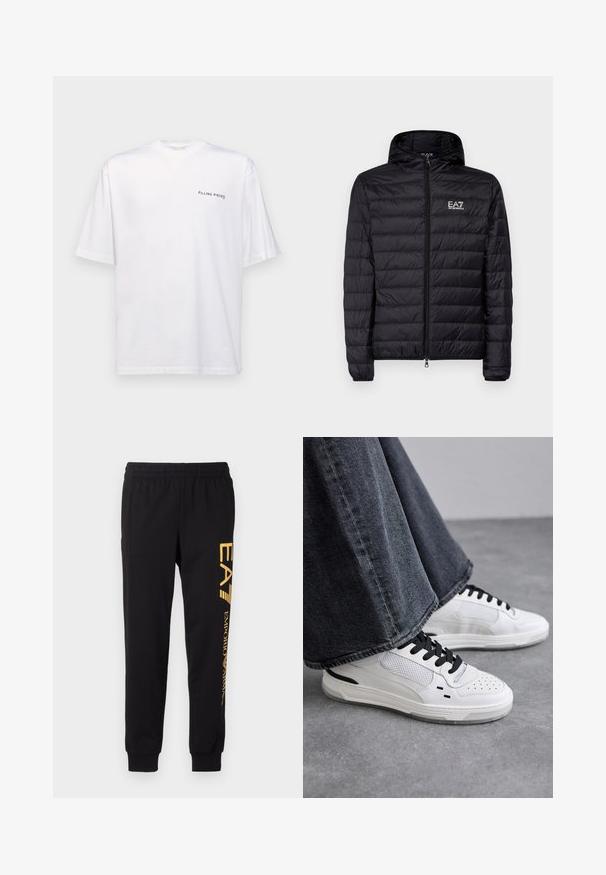 Black padded jacket with a hood, featuring horizontal quilted design, full zipper, and EA7 logo on the left chest area. Smooth texture.; White short-sleeve t-shirt in cotton with a v-neck, featuring a black "FILLING PIECES" logo printed on the left side.; Black sweatpants made of soft fabric, featuring an elastic waistband and cuffed ankles. Yellow branding printed vertically on the left leg.; White sneakers with black laces and mesh detailing. Features a smooth leather upper and a textured rubber sole. Paired with wide-leg grey jeans.