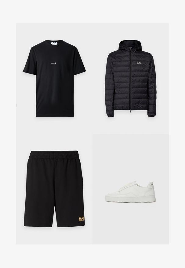 Schwarze gepolsterte Jacke mit Kapuze, mit horizontal gestepptem Design, vollem Reißverschluss und EA7-Logo auf der linken Brustseite. Glatte Textur.; Schwarzes Baumwoll-T-Shirt mit Rundhalsausschnitt und kurzen Ärmeln. Die Vorderseite zeigt das weiße "MSGM"-Logo zentriert. Angenehme Textur, normale Passform.; Schwarze Sportshorts aus weichem Material, mit einem elastischen Bund und einem kleinen gelben EA7-Logo am unteren linken Bein.; Weiße Ledersneaker mit glatter Oberfläche, runder Zehenpartie, flachen Schnürsenkeln und strukturiertem Sohlenprofil. Mit einem dezenten Logo an der Ferse.