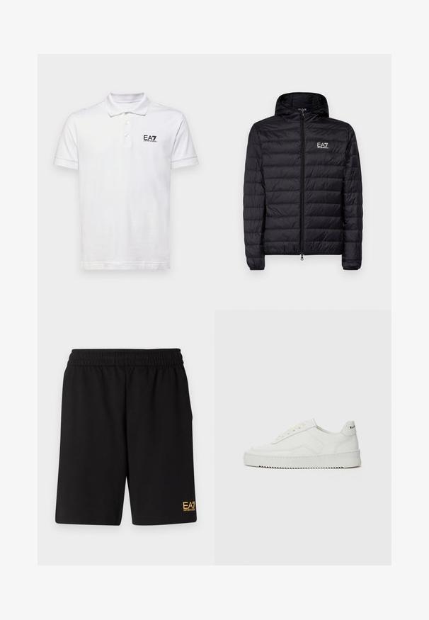 Juodas pūkinis švarkas su gobtuvu, su horizontaliu siuvinėjimu, pilnu užtrauktuku ir EA7 logotipu kairėje krūtinės pusėje. Lygus paviršius.; Balta polo marškinėliai, pagaminti iš medvilnės. Turi klasikį apykaklę, tris mygtukus ir mažą juodą EA7 logotipą ant kairio krūtinės. Trumpomis rankovėmis.; Juoda sportinė šortai, pagaminti iš minkštos medžiagos, su elastingu diržu ir maža geltona EA7 logo apatinėje kairėje kojoje.; Balti odiniai sportiniai bateliai su lygia apdaila, apvaliu pirštu, plokščiais raišteliais ir tekstūruotu padu. Pasižymi subtiliu logotipu ant kulno.