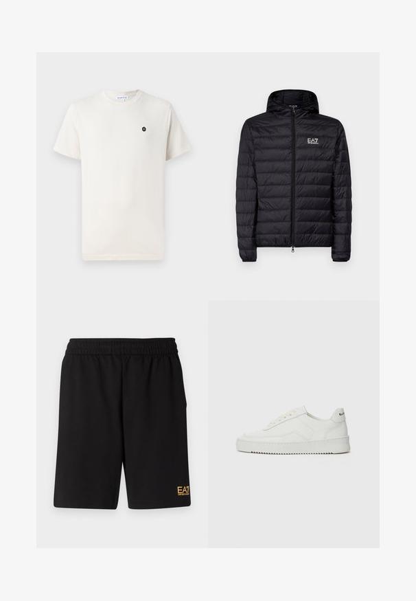 Jachetă neagră căptușită cu glugă, având un design cusut pe orizontală, fermoar complet și logo-ul EA7 în zona stângă a pieptului. Textură netedă.; T-shirt din bumbac crem, cu mâneci scurte, guler rotund și un mic logo hexagonal negru în zona stângă a pieptului. Textură netedă.; Shorts atletici negri dintr-un material moale, având o talie elastică și un mic logo galben EA7 pe partea inferioară a piciorului stâng.; Sneakers din piele albă cu un finisaj neted, vârf rotund, șireturi plate și o talpă texturată. Prezintă un logo subtil pe călcâi.