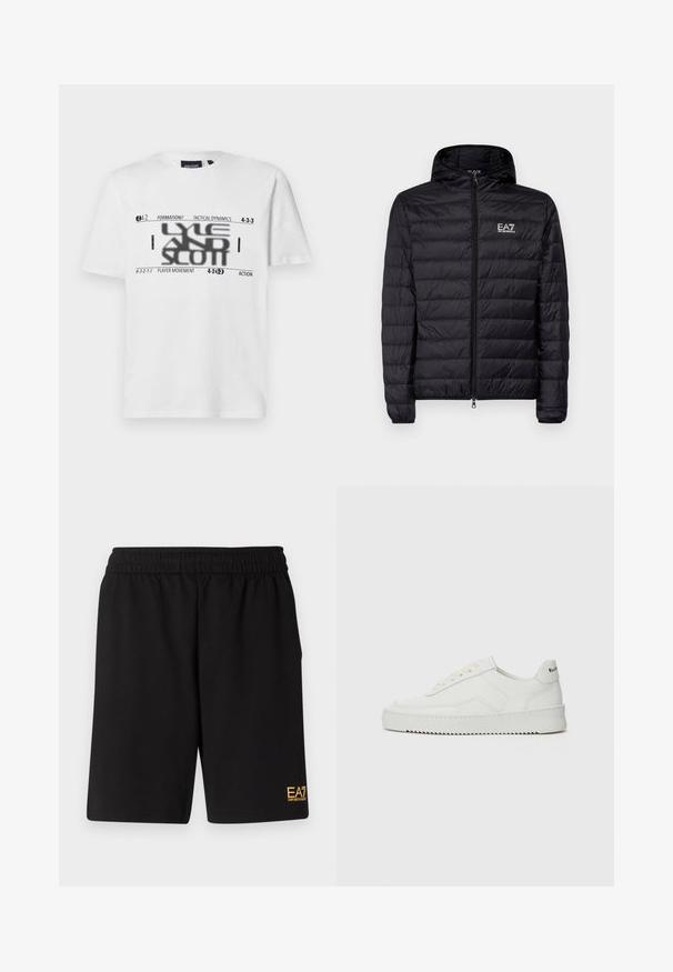 Zwarte gewatteerde jas met capuchon, met een horizontaal doorgestikte dessin, volledige rits en EA7-logo op de linkerkant van de borst. Glad textuur.; Witte katoenen t-shirt met zwarte grafische tekst over voetbalformaties en tactische termen. Ronde hals en korte mouwen.; Zwarte sportshorts van zacht materiaal, met een elastische tailleband en een klein geel EA7-logo op de onderste linkeronderbroek.; Witte leren sneaker met een gladde afwerking, ronde neus, platte veters en een gestructureerde zool. Kenmerkt zich door een subtiel logo op de hiel.
