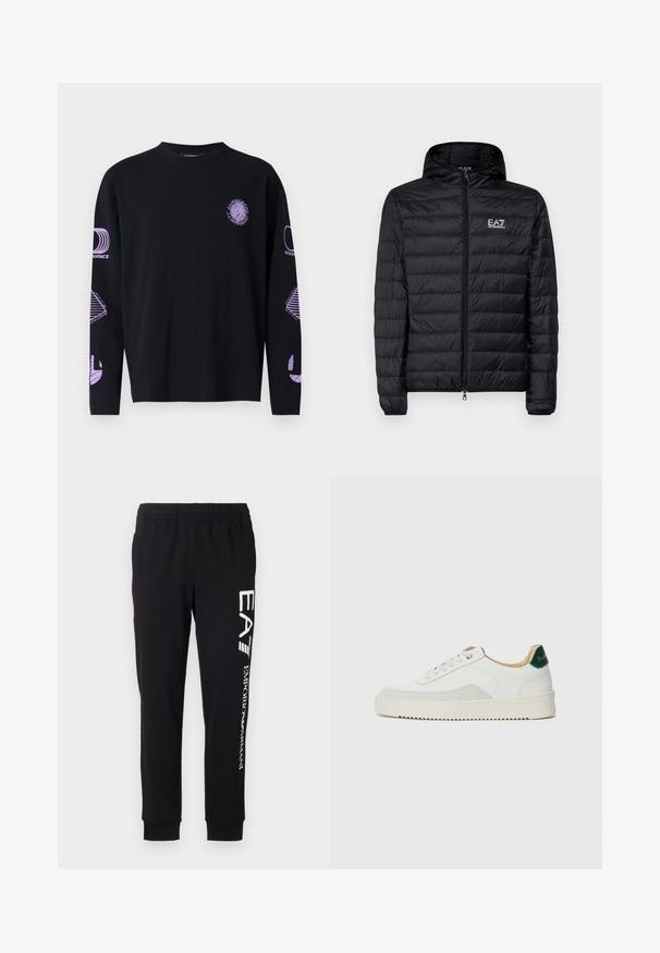 Czarna pikowana kurtka z kapturem, z poziomym wzorem pikowania, pełnym zamkiem błyskawicznym oraz logo EA7 na lewej stronie klatki piersiowej. Gładka tekstura.; Czarny t-shirt z długim rękawem z purpurowymi nadrukami na piersi i rękawach, wykonany z materiału o gładkiej fakturze. Design z okrągłym dekoltem.; Czarne dresy z elastycznego materiału. Posiadają elastyczny pas, zwężane mankiety oraz białe logo na lewej nogawce.; Białe trampki z zamszowymi akcentami, zaokrąglony czubek, płaskie sznurowadła i kremowa gumowa podeszwa. Posiadają zielone logo na pięcie.
