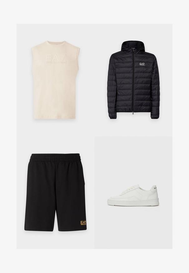 Črna podložena jakna s kapuco, ki ima vodoravno quilteno zasnovo, poln zadrgo in EA7 logo na levi strani prsnega koša. Gladka tekstura.; Majica brez rokavov v bež barvi iz bombaža z okroglo ovratnikom, ki na sprednji strani prikazuje izstopajoč logotip EA7 Emporio Armani. Gladka tekstura.; Črne športne kratke hlače iz mehkega blaga, z elastičnim pasom in majhnim rumenim logotipom EA7 na spodnjem levem delu noge.; Bela usnjena športna obutev z gladko površino, okroglo prst, ravne vezalke in teksturiran podplat. Ima diskretno logo na peti.