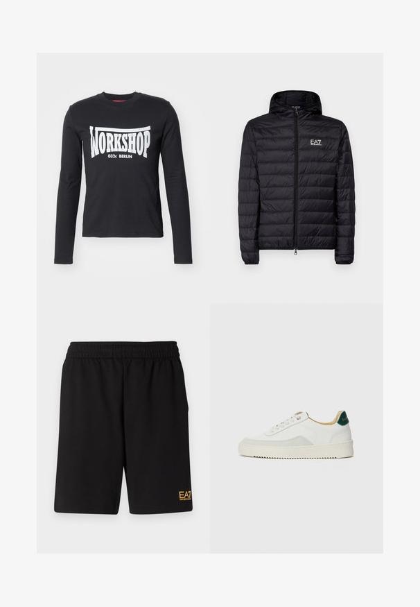 Svart vadderad jacka med huva, med horisontell quiltad design, hel dragkedja och EA7-logga på vänster bröstområde. Slät textur.; Svart långärmad T-shirt gjord av bomull, med en stor vit "WORKSHOP 032c BERLIN" grafik på framsidan. Slät textur, rund hals.; Svarta träningsshorts i mjukt tyg, med ett elastiskt midjeband och en liten gul EA7-logotyp på nedre vänstra benet.; Vit sneaker med mockadetaljer, rund tå, platta snören och en krämfärgad gummisula. Har grön branding på hälen.
