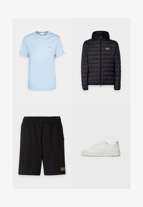 Casaco acolchoado preto com capuz, apresentando um design acolchoado horizontal, fecho completo e logótipo EA7 na área do peito esquerdo. Textura suave.; Camiseta de algodão azul claro com decote redondo, mangas curtas e um pequeno logótipo bordado no peito. Textura suave, ajuste padrão.; Calções desportivos pretos feitos de um tecido suave, com um cós elástico e um pequeno logótipo amarelo EA7 na parte inferior da perna esquerda.; Sapatilha de couro branco com acabamento suave, bico redondo, atacadores planos e uma sola texturizada. Apresenta um logotipo discreto no calcanhar.