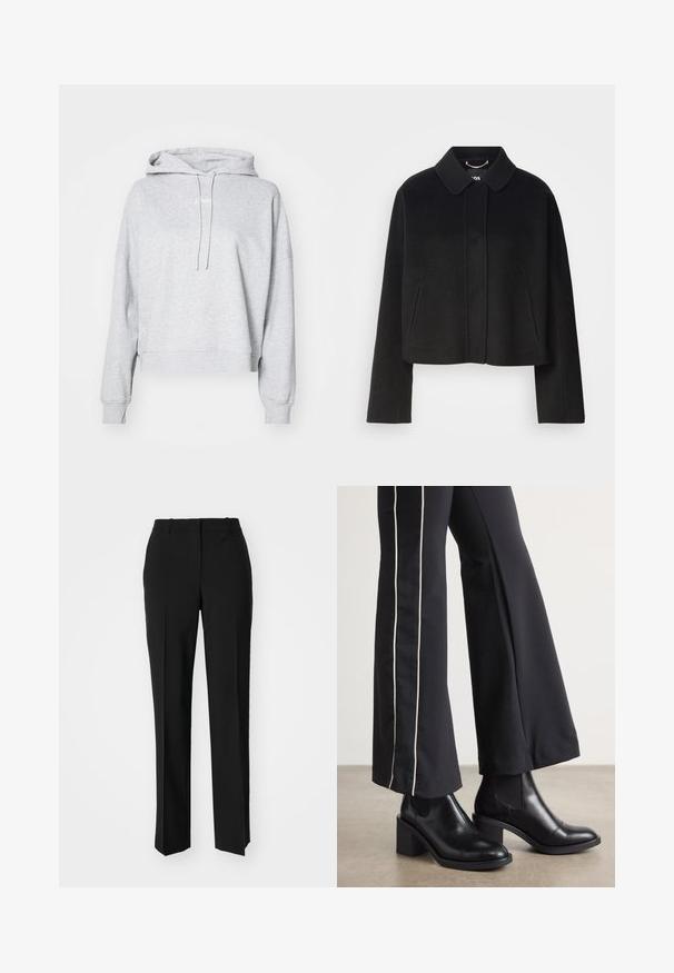 Juodas trumpas paltas su apykakle, mygtukų uždarymu ir ilgomis rankovėmis. Pagamintas iš lygaus audinio, su minimaliais siūlais ir be matomų papuošimų.; Šviesiai pilkas trumpas džemperis, pagamintas iš minkštos medžiagos. Turi kapučioną su raišteliais, nusileidusius pečius ir raukšlėtus rankogalius. Paprastas, minimalistiškas dizainas.; Juodi pritaikyti kelnių modeliai su tiesiomis kojomis, pasižyminčios lygiomis tekstūromis ir ryškiomis klostėmis priekyje. Nėra matomų detalių.; Juodi odiniai auliniai batai su plataus bloko kulnu, turintys elastines šonines dalis. Sukomplektuoti su juodomis kelnėmis, turinčiomis baltą šoninės juostą.