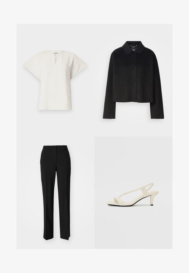 Cazadora corta negra con cuello, cierre de botones y mangas largas. Fabricada con un tejido suave, con costuras mínimas y sin adornos visibles.; Top blanco de manga corta con cuello en V y silueta relajada. Tejido suave con un ligero brillo y aberturas laterales para facilitar el movimiento.; Pantalones negros ajustados con un diseño de pierna recta, que presentan una textura suave y pliegues nítidos en el frente. Sin herrajes visibles.; Sandalias de tacón cuadrado en color beige con tiras delgadas y punta cuadrada. Material suave con un diseño minimalista, diseñado para facilitar su uso.