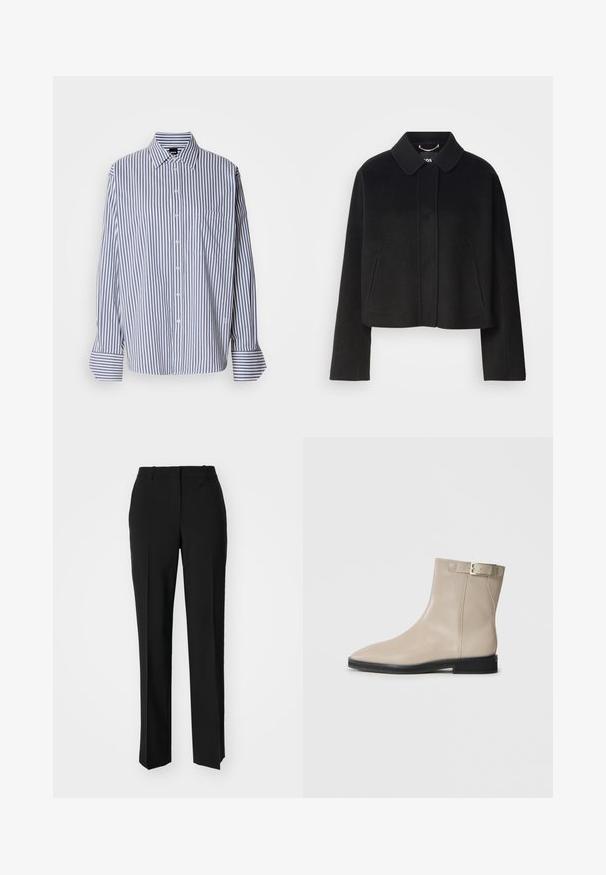 Črn skrajšan plašč s ovratnikom, gumbnim zapiranjem in dolgimi rokavi. Narejen iz gladkega materiala z minimalnimi šivi in brez vidnih okrasitev.; Prugasta srajca z gumbom v modri in beli barvi iz bombaža, z dolgimi rokavi, ovratnikom, žepom na prsih in ukrivljenim robom.; Črne krojene hlače s direktnim krojem, ki se ponašajo z gladko teksturo in ostrimi pregibi spredaj. Ni vidne kovine.; Bež usnjeni gležnjarji s koničastim nosom, črnim podplatom, nizko peto in zlatim zaponkom na zunanji strani, prikazani na beli podlagi.