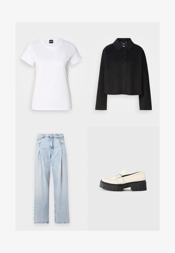 Juodas trumpas paltas su apykakle, mygtukų uždarymu ir ilgomis rankovėmis. Pagamintas iš lygaus audinio, su minimaliais siūlais ir be matomų papuošimų.; Balta medvilninė T-marškiniai su trumpomis rankovėmis. Yra toninis gėlių siuvinėjimas kairėje krūtinės pusėje. Klasikinio apvalaus kaklo dizainas.; Šviesiai mėlyni džinsai su aukštu liemeniu, plačiomis kojomis, dviem šoninėmis kišenėmis ir raukinių dizainu. Minkšta tekstūra su nudilusia apdaila.; Baltas odinis loaferis su storu juodu platforminiu padu, turintis stačiakampį sidabrinį sagtį ir matomu siuvimo ornamentu ant viršaus.