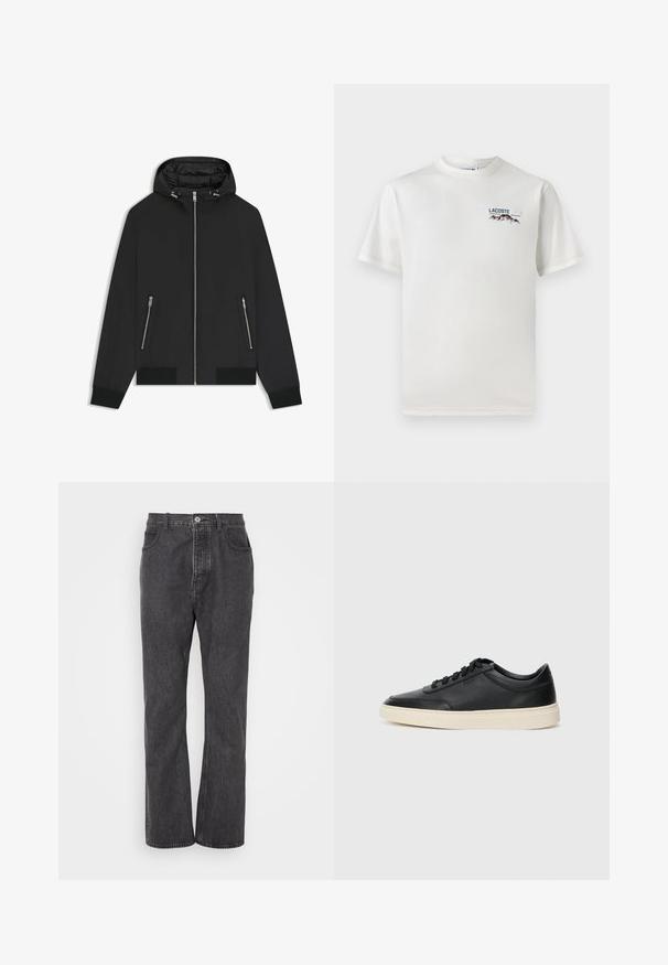 Schwarze Kapuzenjacke mit Frontreißverschluss, zwei seitlichen Reißverschlusstaschen, elastischen Bündchen und gepolstertem Innenfutter in der Kapuze.; Weißes Baumwoll-T-Shirt mit rundem Halsausschnitt, kurzen Ärmeln und kleinem gesticktem Logo mit Bergen und Text auf der linken Brust.; Schwarze Jeans aus Denim mit geradem Bein-Design, ausgestattet mit einem vorderen Knopfverschluss, Gürtelschlaufen und subtilen Ausbleichungen für mehr Struktur.; Schwarzer niedriger Ledersneaker mit schwarzen Schnürsenkeln und cremefarbenem Sohlenrand, seitlich auf weißem Hintergrund dargestellt.