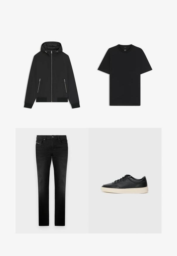 Svart hooded jacka med framzipper, två fickor med dragkedja på sidorna, elastiska ärmslut och vadderad insida på huvan.; Svart kortärmad T-shirt i en mjuk bomullsblandning, med rundad halsringning och en minimalistisk design utan mönster eller detaljer.; Svarta jeans i denim med rak passform, med framfickor och metallknäppning, slät yta och subtila sömdetaljer.; Svart låg skor i läder med svarta snören och off-white sula, visas i sidoprofil på vit bakgrund.