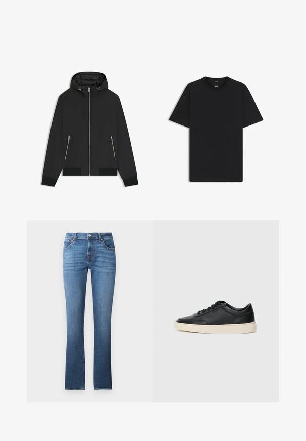 Svart hooded jacka med framzipper, två fickor med dragkedja på sidorna, elastiska ärmslut och vadderad insida på huvan.; Svart kortärmad T-shirt i en mjuk bomullsblandning, med rundad halsringning och en minimalistisk design utan mönster eller detaljer.; Blå denimjeans med rakt ben, med lätt blekning, fem fickor och metallbeslag. Midjebandet har bältesöglor.; Svart låg skor i läder med svarta snören och off-white sula, visas i sidoprofil på vit bakgrund.