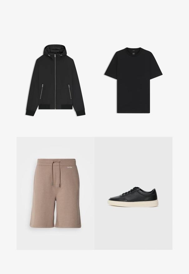 Black hooded jacket with front zipper, two zipped side pockets, elastic cuffs, and padded interior on the hood.; Black short-sleeve T-shirt made from a smooth cotton blend, featuring a crew neckline and a minimalistic design with no patterns or accents.; Brown cotton shorts with elastic waistband, drawstring closure, and logo detail on the front. Soft texture and knee-length design.; Black low-top leather sneaker with black laces and off-white sole shown in side profile on white background.