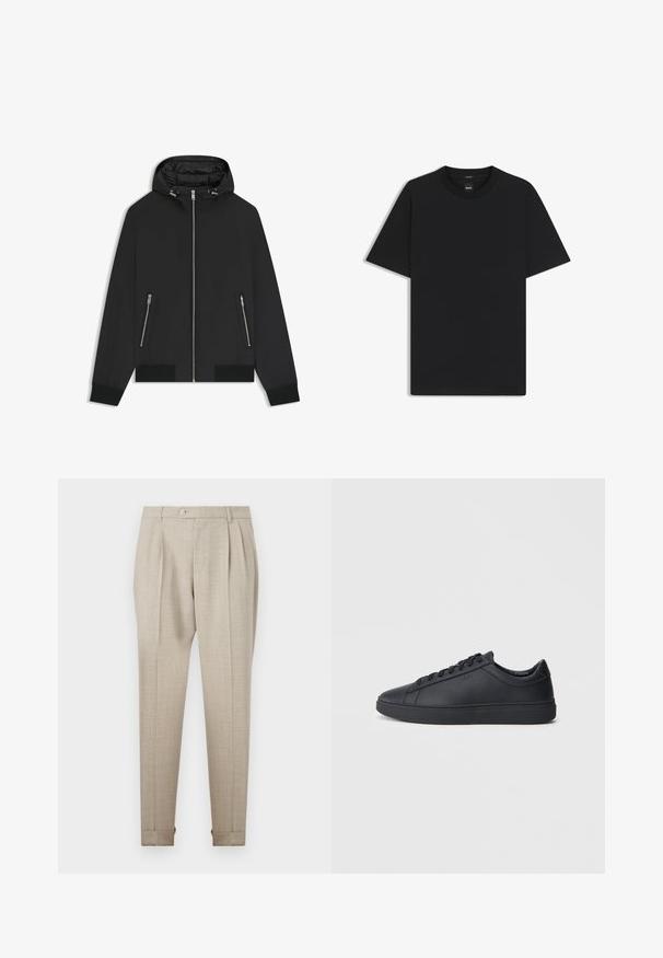 Mustat hupparitakki etuvetoketjulla, joissa on kaksi vetoketjullista sivutaskua, joustavat hihansuut ja toppaus hupun sisällä.; Musta lyhythiha T-paita, joka on valmistettu sileästä puuvillasekoitteesta. Paita on varustettu pyöreällä pääntiehen ja siinä on minimaalinen muotoilu ilman kuvioita tai yksityiskohtia.; Beige pleitattu housut, joissa on sileä pinta, etupainonappi ja käännetyt helmät. Muotoiltu istuvuus ja suorat lahkeet.; Mustat lenkkarit, jotka on valmistettu sileästä nahasta, matalalla varrella, pyöreällä varvalla ja tasaisella kumipohjalla. Varusteena nauhat ja huomaamaton brändäys.